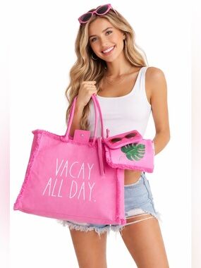 🦋NWT 3pc Rae Dunn VACAY ALL DAY Pink Tote Bag set